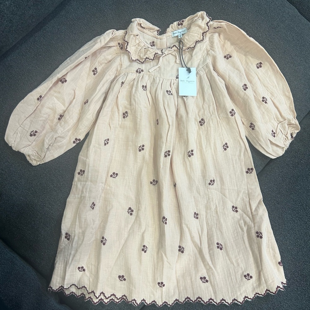 NWT Girls Beige Embroidered Cotton Dress with Ruffled Collar - Picture 6 of 12